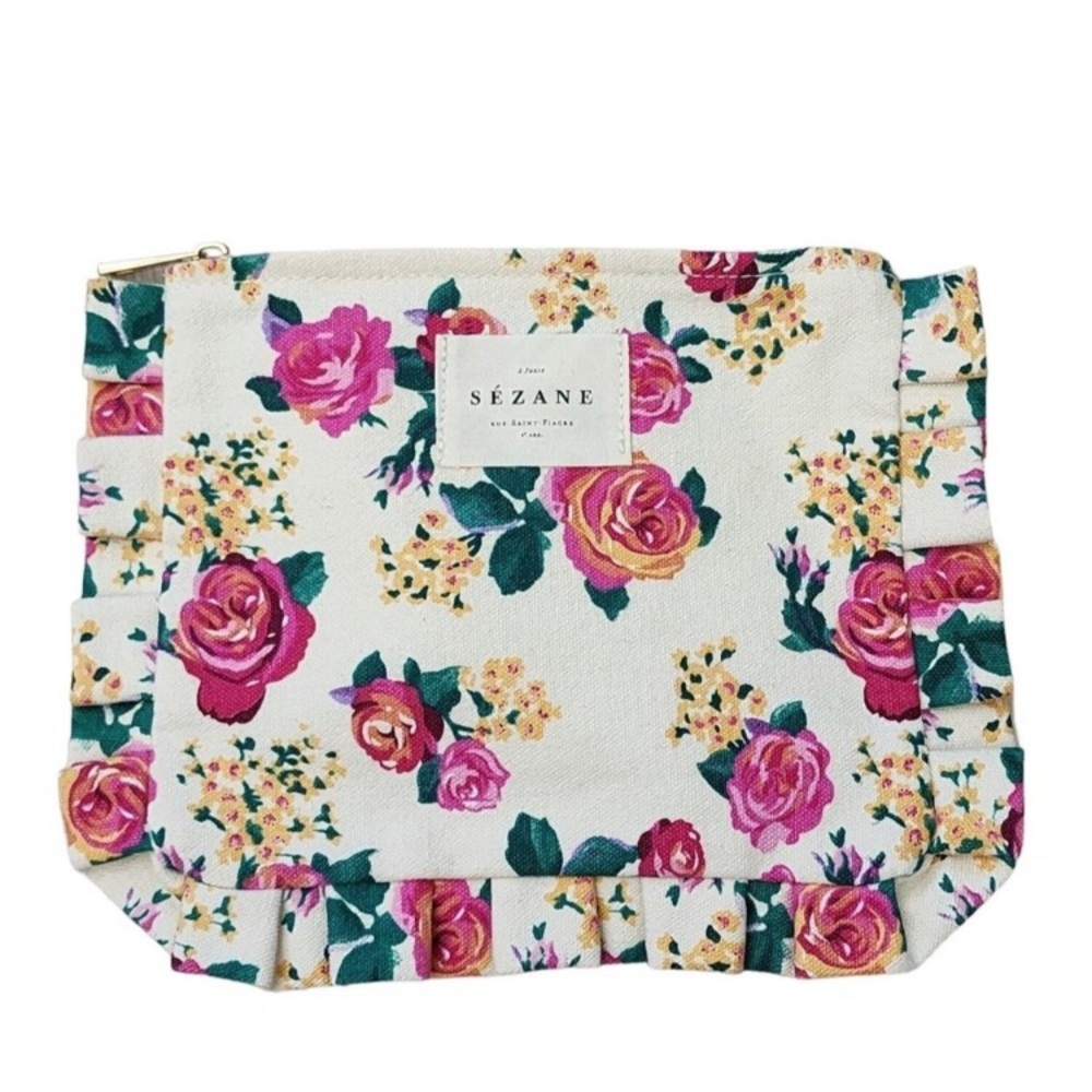 Sezane Floral Rose Canvas Pouch Cosmetic Bag